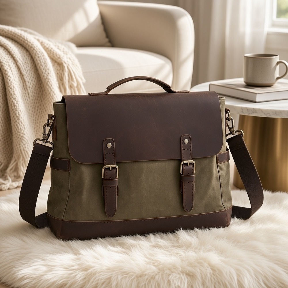 Olive Green Waxed Canvas Leather Messenger Bag Laptop Satchel Brown Trim